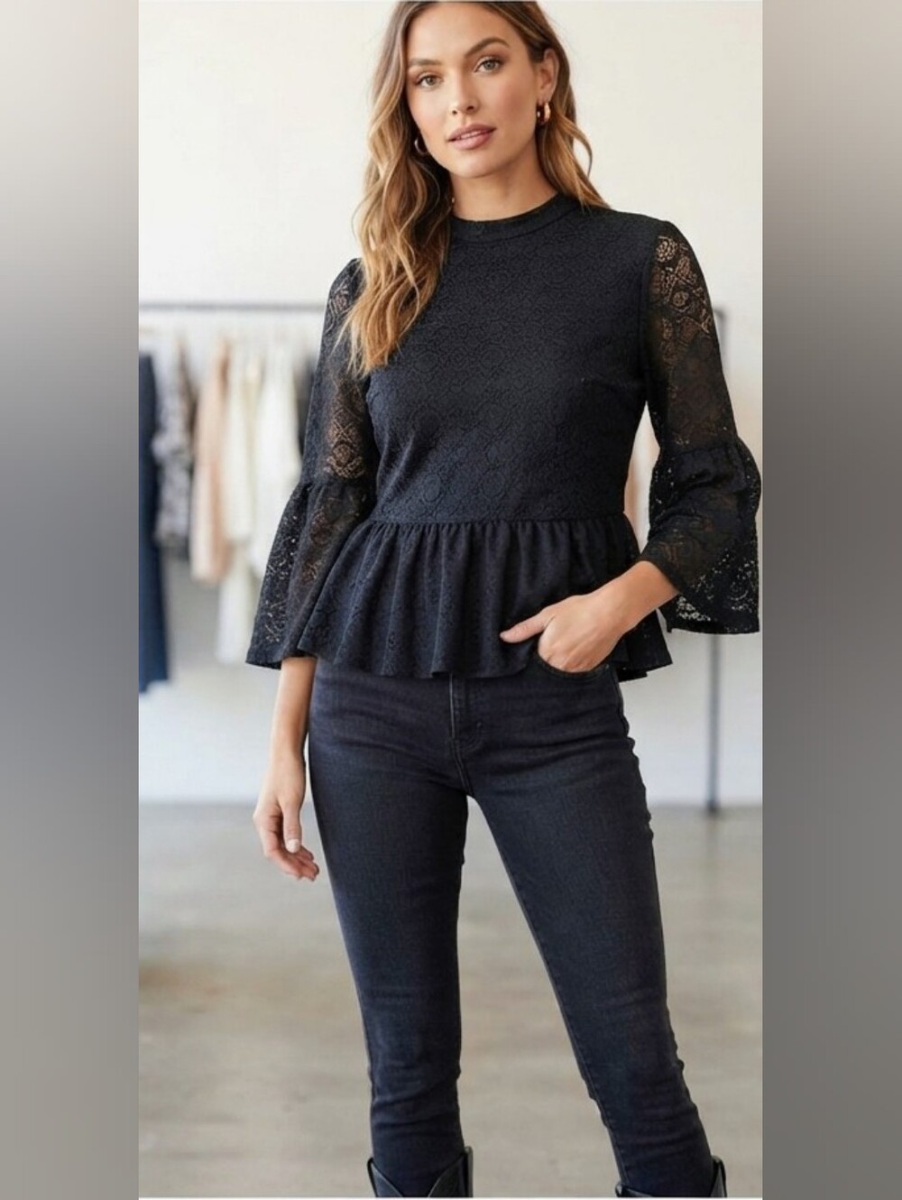Wrangler Retro Black Lace Peplum Top Mock Neck Bell Sleeve Medium ,NWOT